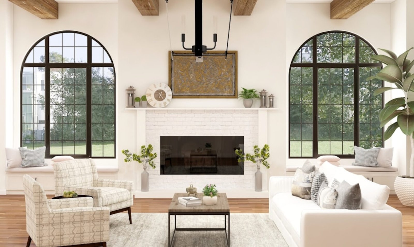 white sofa chair near fireplace